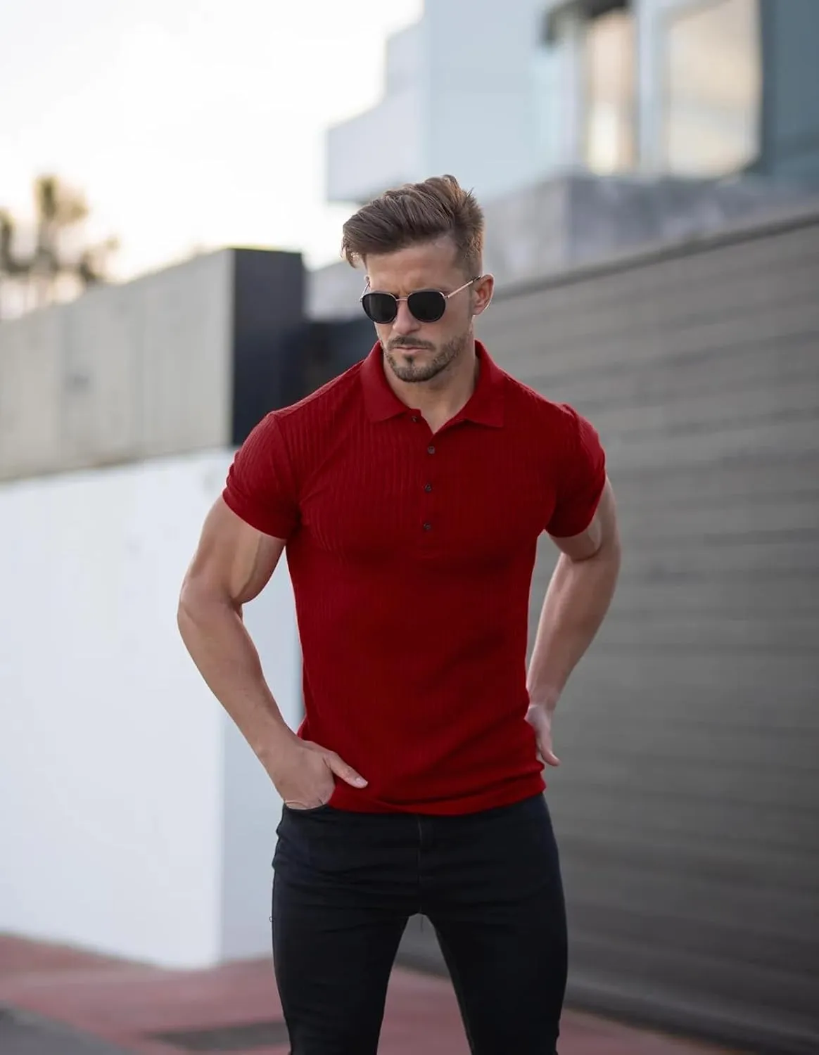 Collared Muscle Polo Shirts Men Slim Fit Textured Knit Polo Shirts Short Sleeve Button Down Shirts Casual Stylish