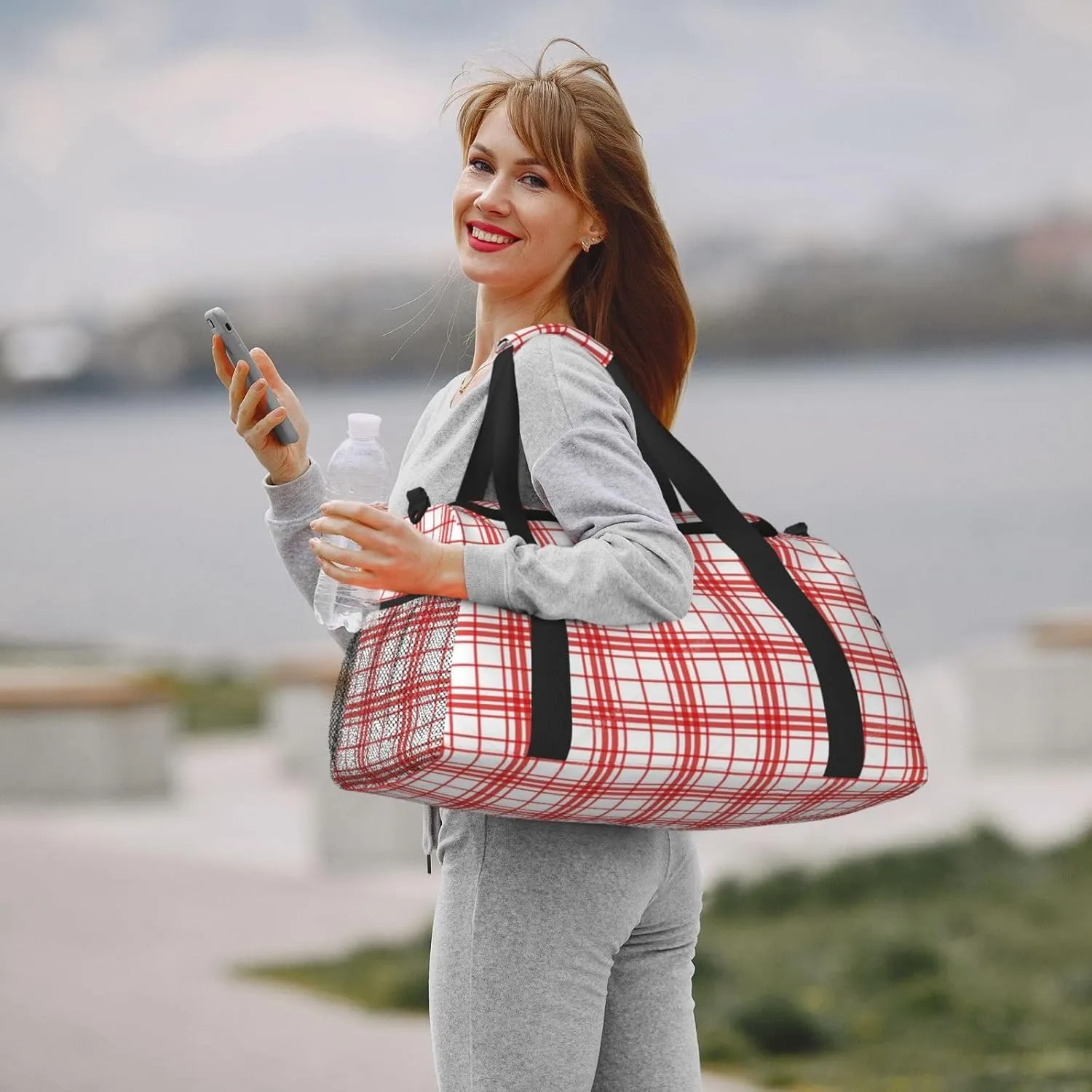 Color Grid Thin Line Travel Duffel Bag Large Foldable Waterproof Overnight Bag For Beach Swim Bags Pool Sports Gym