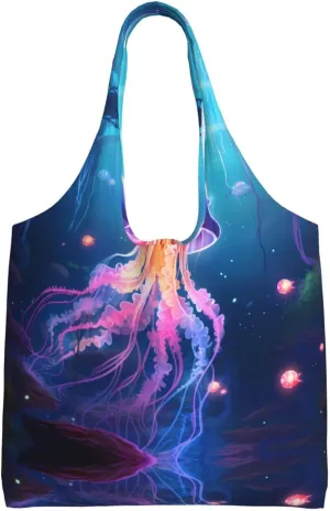 Colored Jellyfish Printed single-shoulder canvas bag, large-capacity grocery shopping bag, light and easy to carry