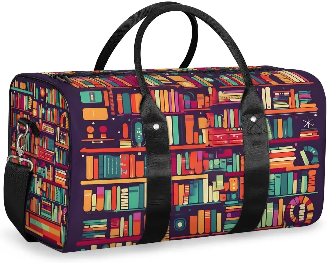 Colorful Bookshelf Print Travel Duffel Bag for Women Men Waterproof Foldable Overnight Weekender Bag Large Capacity Sports Gym Bag