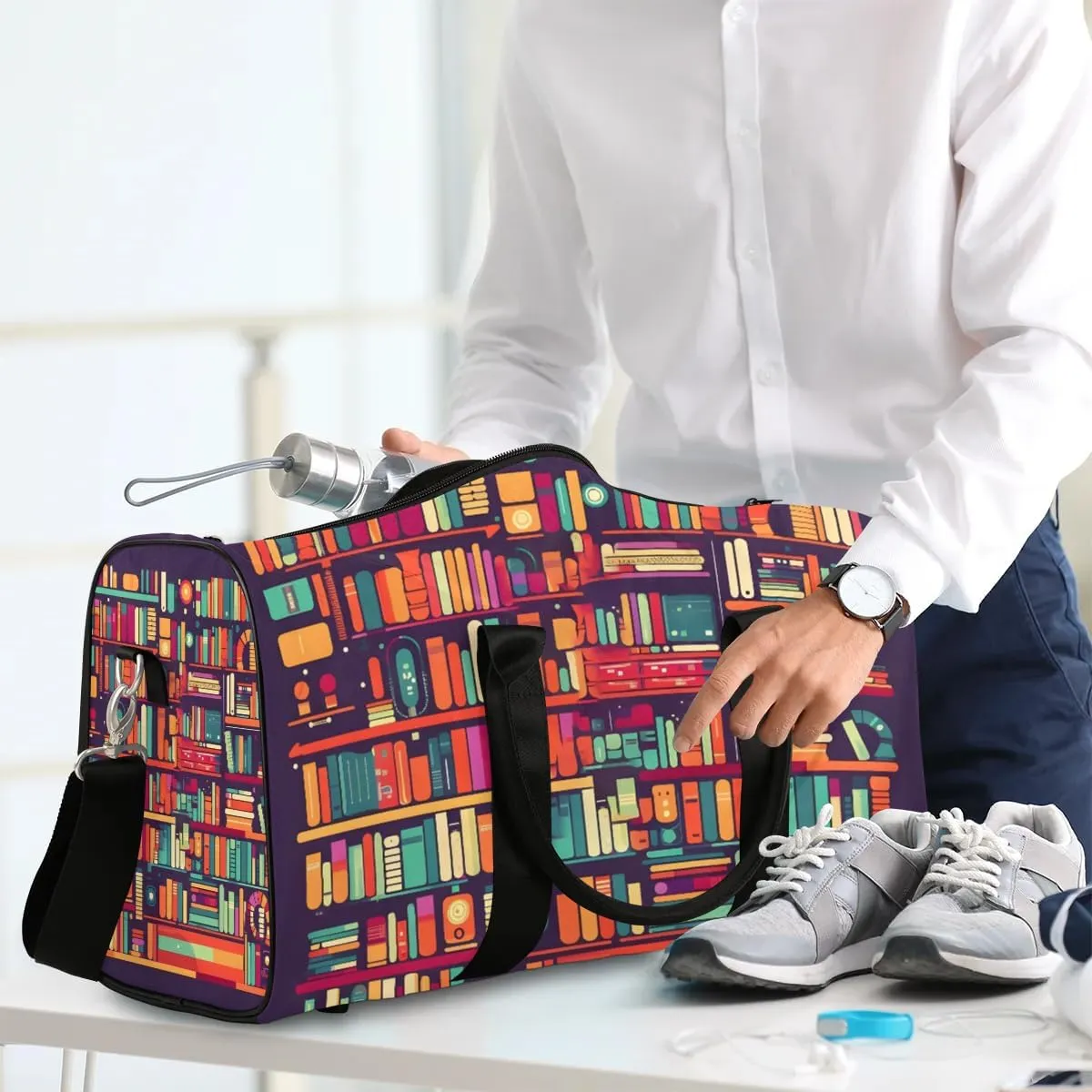 Colorful Bookshelf Print Travel Duffel Bag for Women Men Waterproof Foldable Overnight Weekender Bag Large Capacity Sports Gym Bag