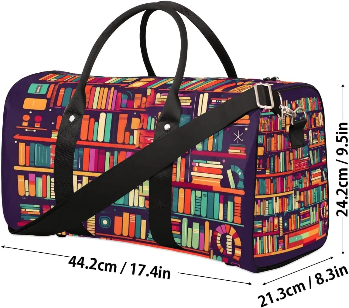 Colorful Bookshelf Print Travel Duffel Bag for Women Men Waterproof Foldable Overnight Weekender Bag Large Capacity Sports Gym Bag