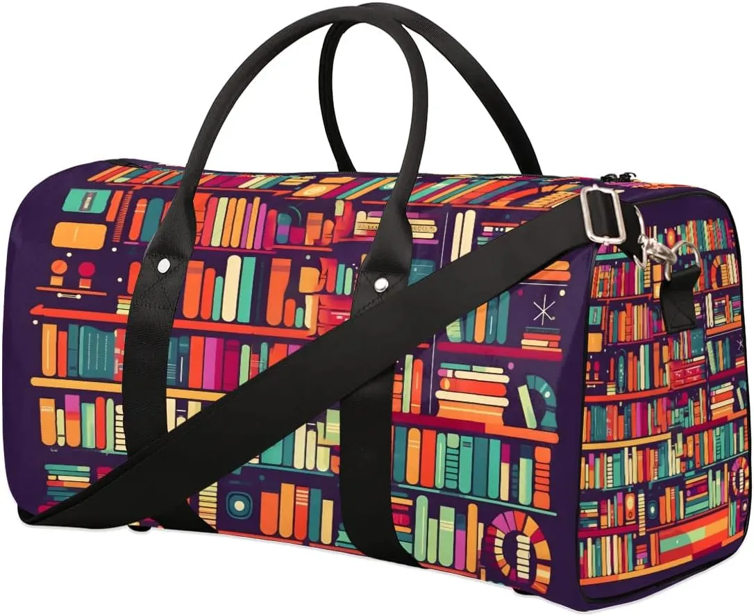 Colorful Bookshelf Print Travel Duffel Bag for Women Men Waterproof Foldable Overnight Weekender Bag Large Capacity Sports Gym Bag