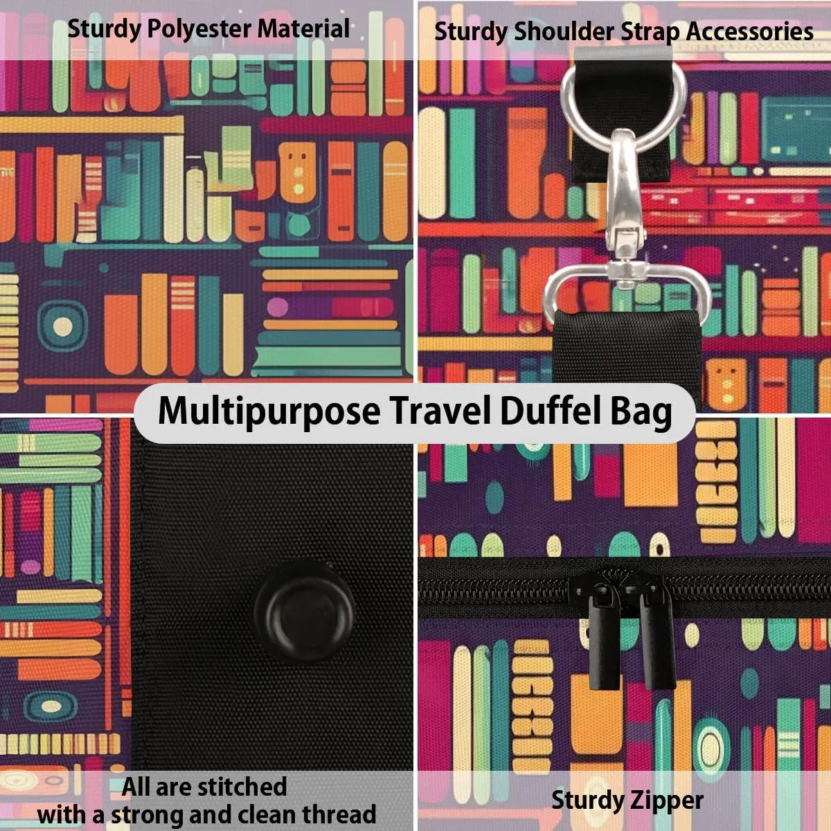 Colorful Bookshelf Print Travel Duffel Bag for Women Men Waterproof Foldable Overnight Weekender Bag Large Capacity Sports Gym Bag