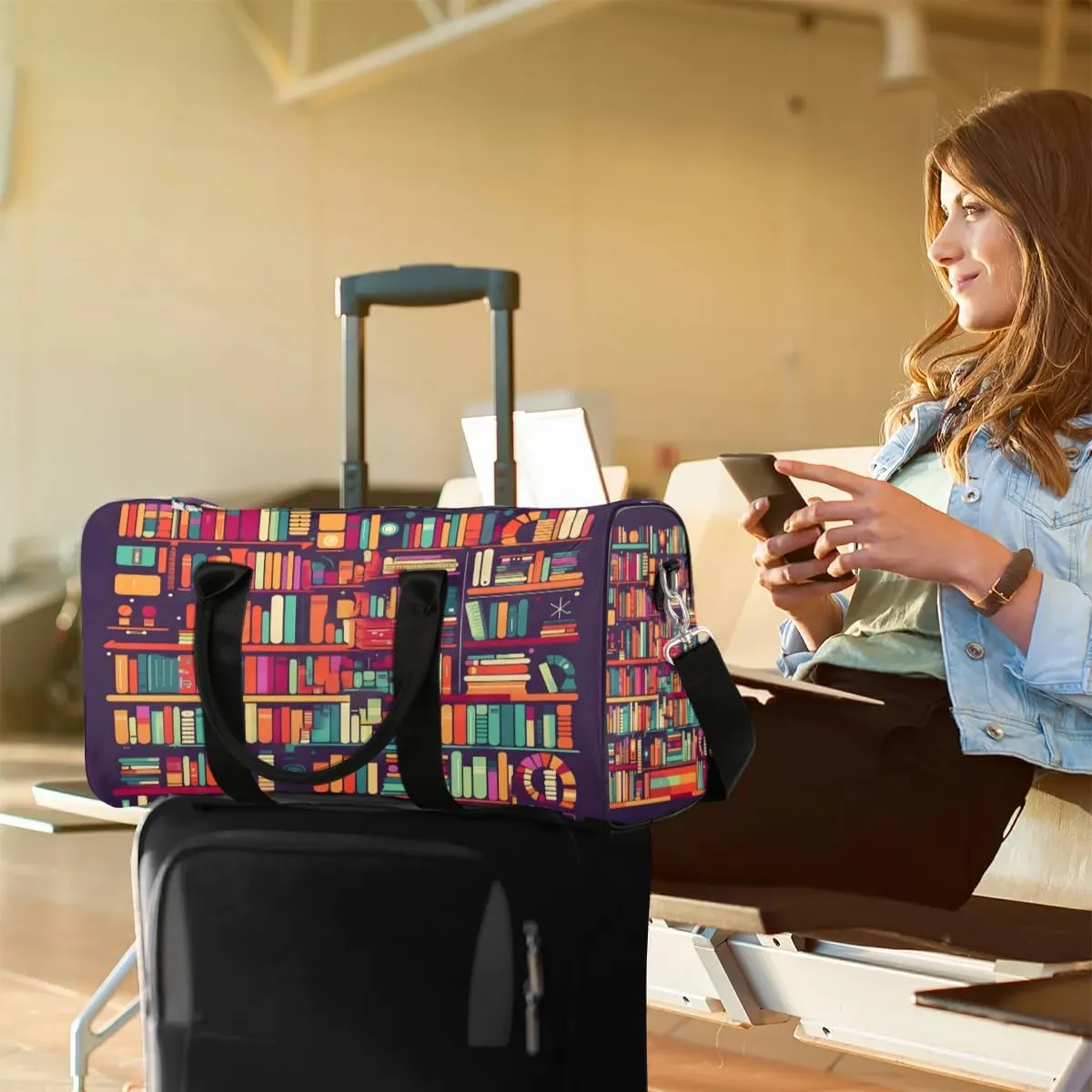 Colorful Bookshelf Print Travel Duffel Bag for Women Men Waterproof Foldable Overnight Weekender Bag Large Capacity Sports Gym Bag