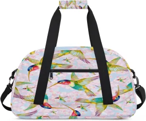 Colorful Hummingbird Gym Duffel Bag for Men Women Cherry Blossoms Sports Tote Bag with Adjustable Shoulder Strap for Dance Gymnastics Traveling Outdoor Camping Overnight Stay
