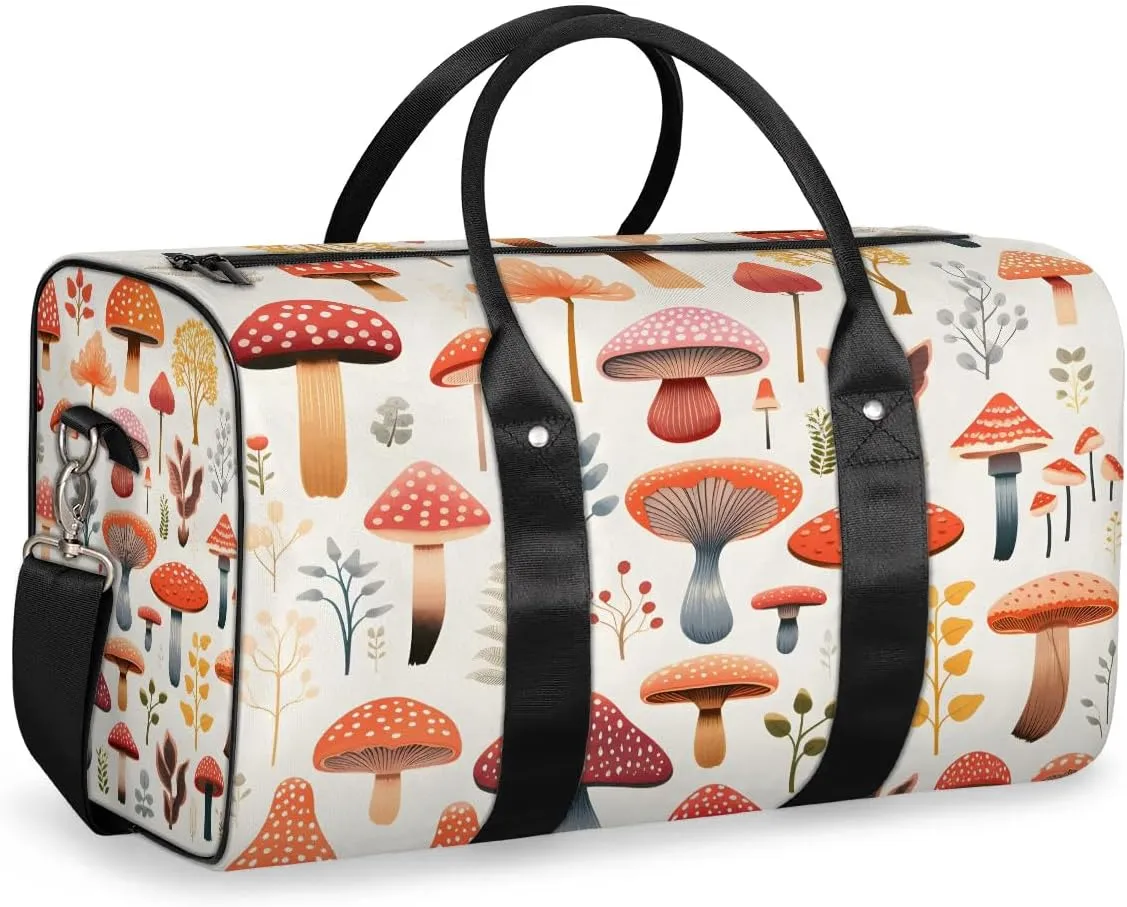 Colorful Mushroom Travel Duffel Bag for Women Men Waterproof Foldable Overnight Weekender Bag Large Capacity Sports Gym Bag