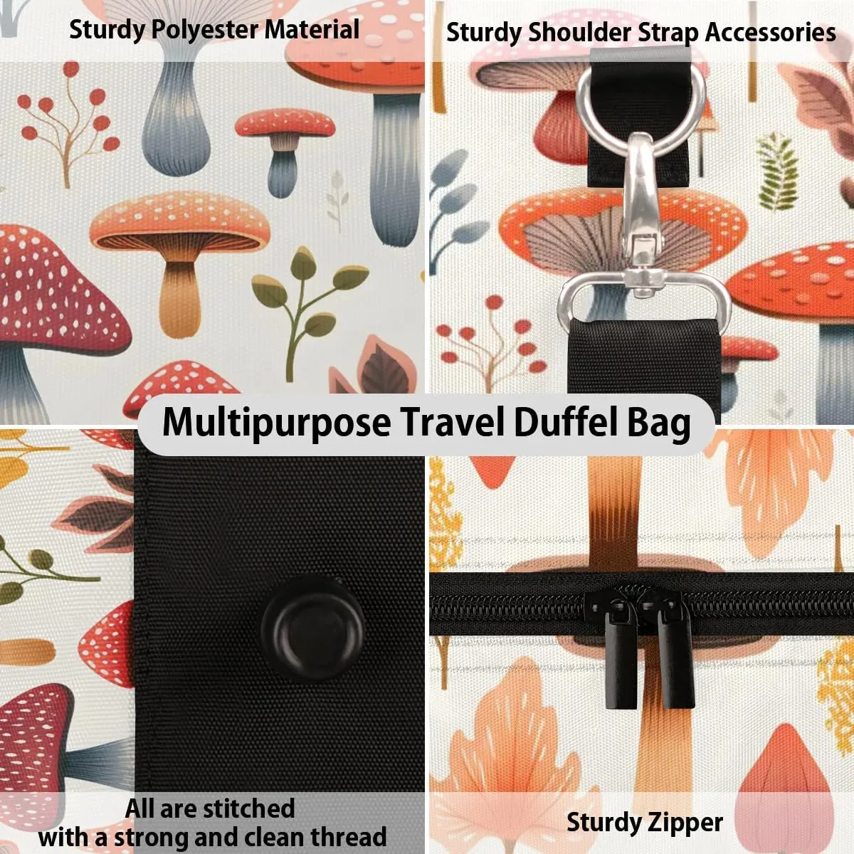 Colorful Mushroom Travel Duffel Bag for Women Men Waterproof Foldable Overnight Weekender Bag Large Capacity Sports Gym Bag