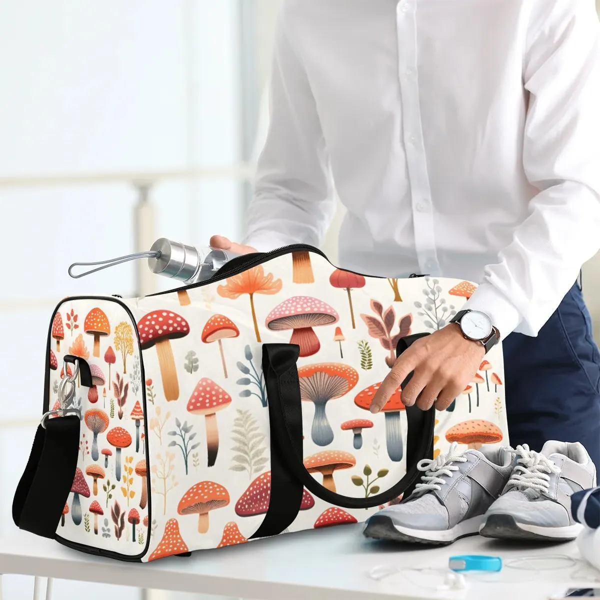 Colorful Mushroom Travel Duffel Bag for Women Men Waterproof Foldable Overnight Weekender Bag Large Capacity Sports Gym Bag