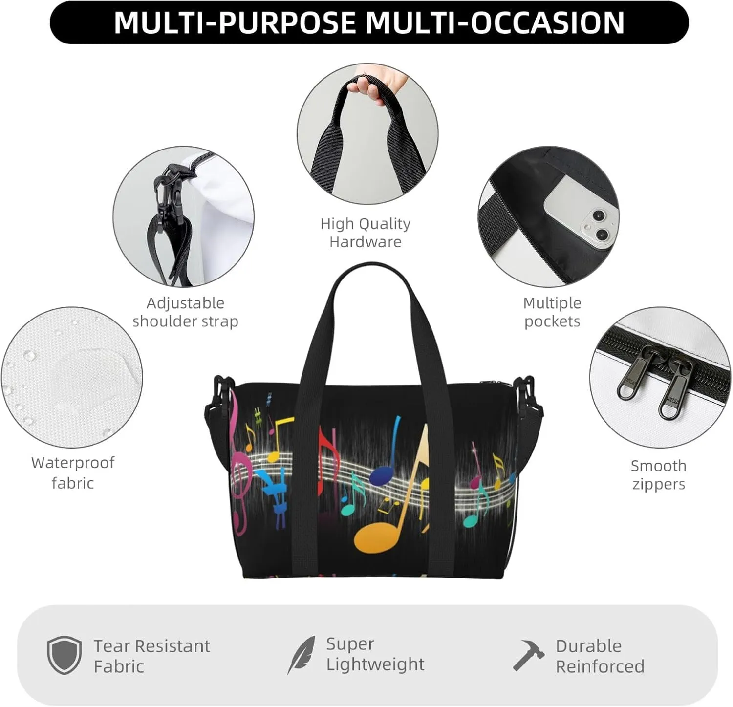 Colorful Musical Note Hand Travel Bag For Men Women,Stylish Handheld Crossbody Travel Bag For Business Leisure Trave