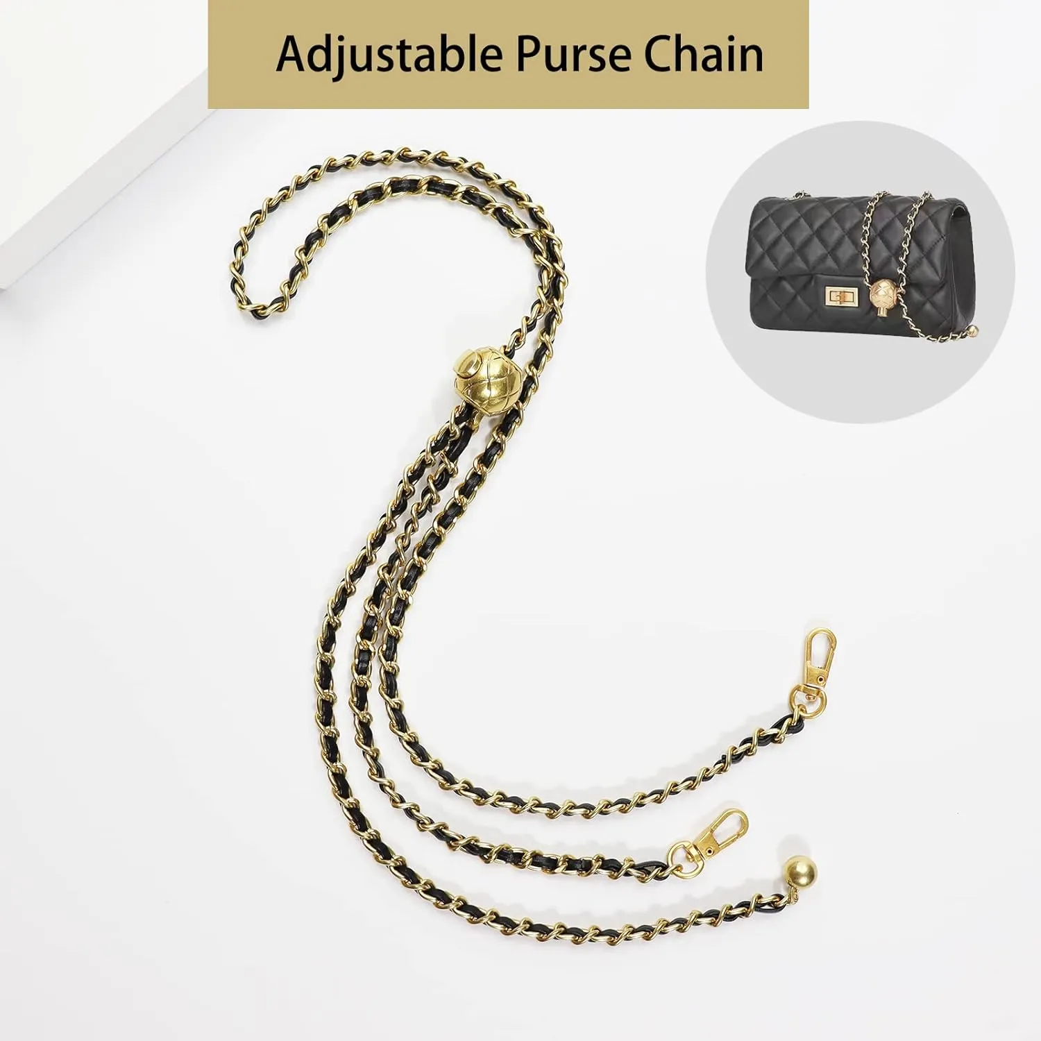 COLSEEY Purse Chain Strap Adjustable Replacement for Shoulder and Crossbody Bag,Thin Purse Strap 51 Inchs (Vintage Gold（Black Leather）)