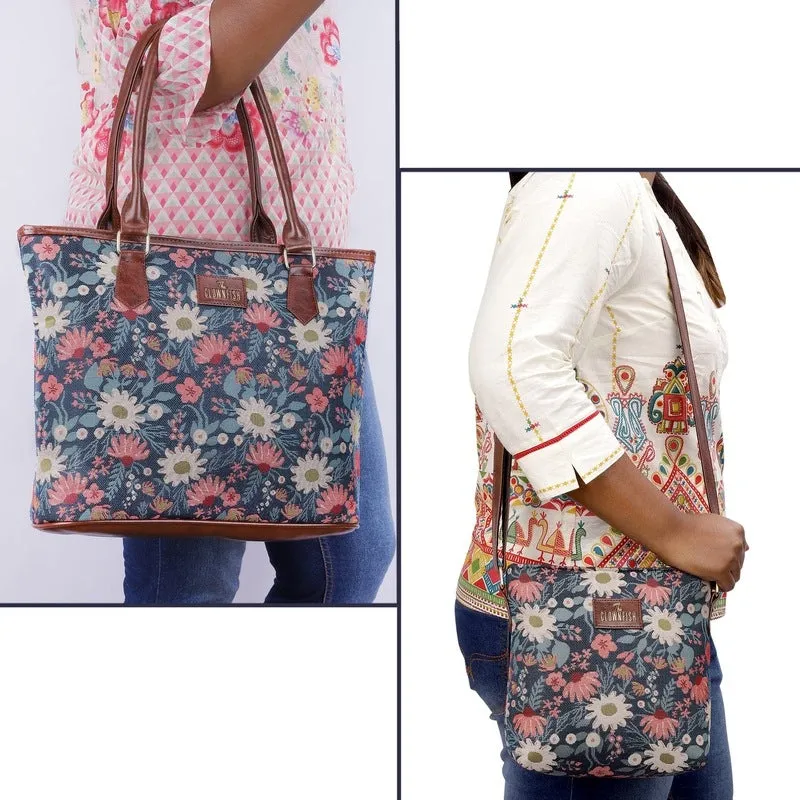 Combo: Linda Sling & Justina Handbag - Durable Tapestry & Leather | Adjustable Strap | Purple-Floral