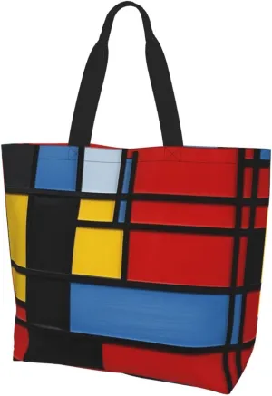 Composition in Red Yellow Blue and Black printed Reusable Shoulder bag Shopping Bag Fashion Handbag