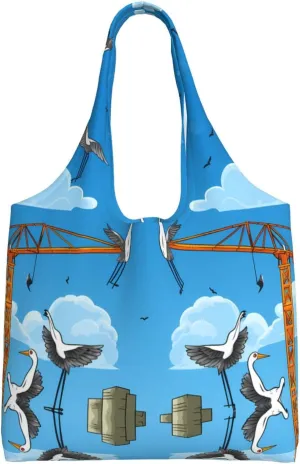 Construction Site Cartoon Crane Printed single-shoulder canvas bag, large-capacity grocery shopping bag, light and easy to carry
