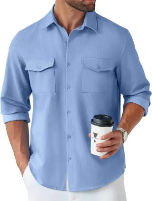 COOFANDY Men's Casual Button Down Shirt Long Sleeve Untucked Shirt Stretch Denim Dress Shirt with Pockets