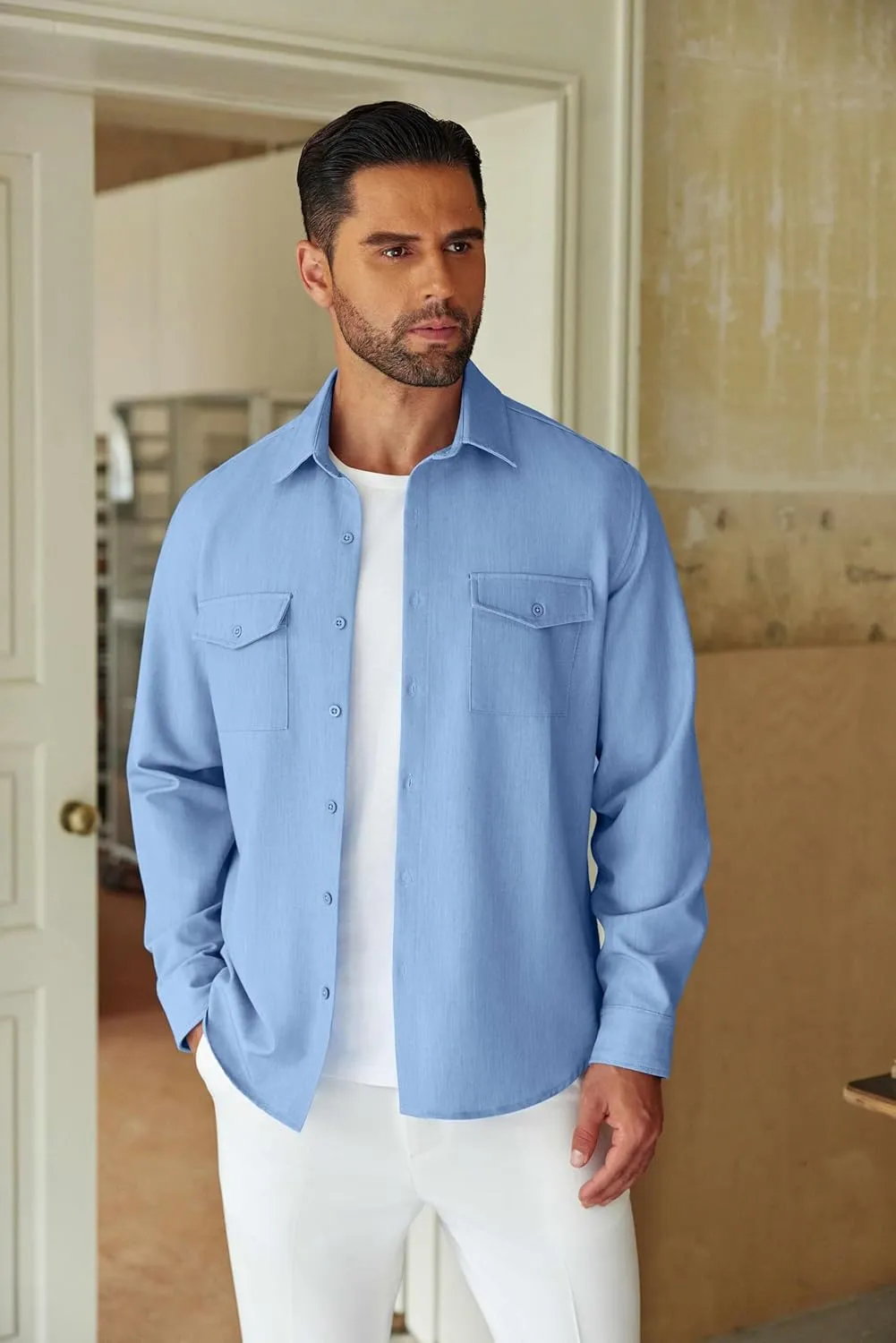 COOFANDY Men's Casual Button Down Shirt Long Sleeve Untucked Shirt Stretch Denim Dress Shirt with Pockets