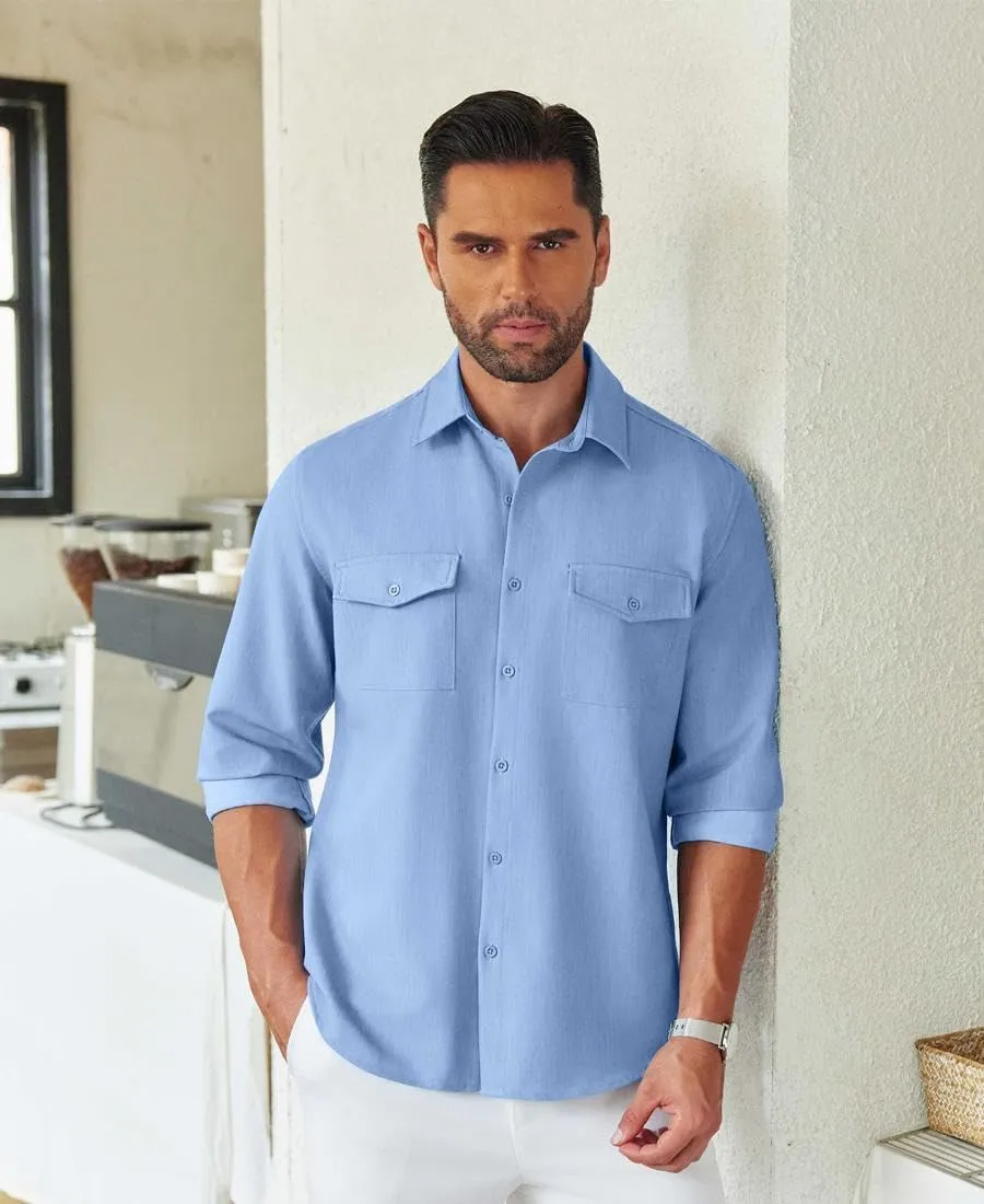 COOFANDY Men's Casual Button Down Shirt Long Sleeve Untucked Shirt Stretch Denim Dress Shirt with Pockets