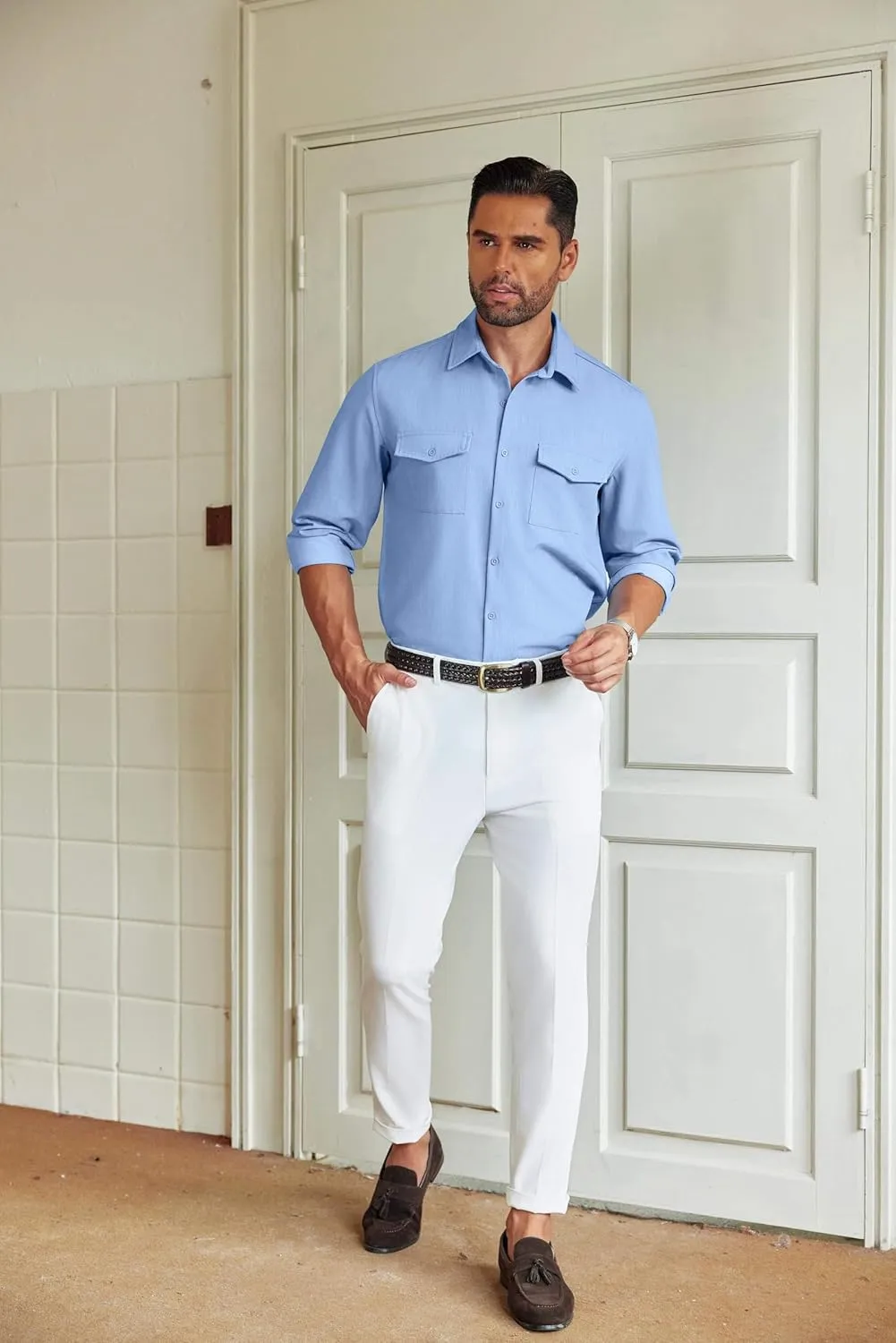 COOFANDY Men's Casual Button Down Shirt Long Sleeve Untucked Shirt Stretch Denim Dress Shirt with Pockets