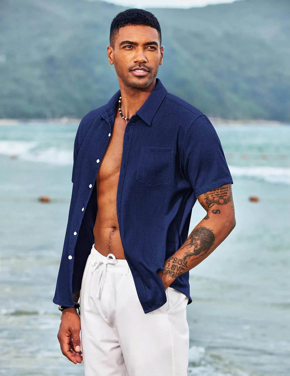 COOFANDY Men's Casual Button Down Shirts Short Sleeve Linen Shirts Summer Beach Dress Shirt