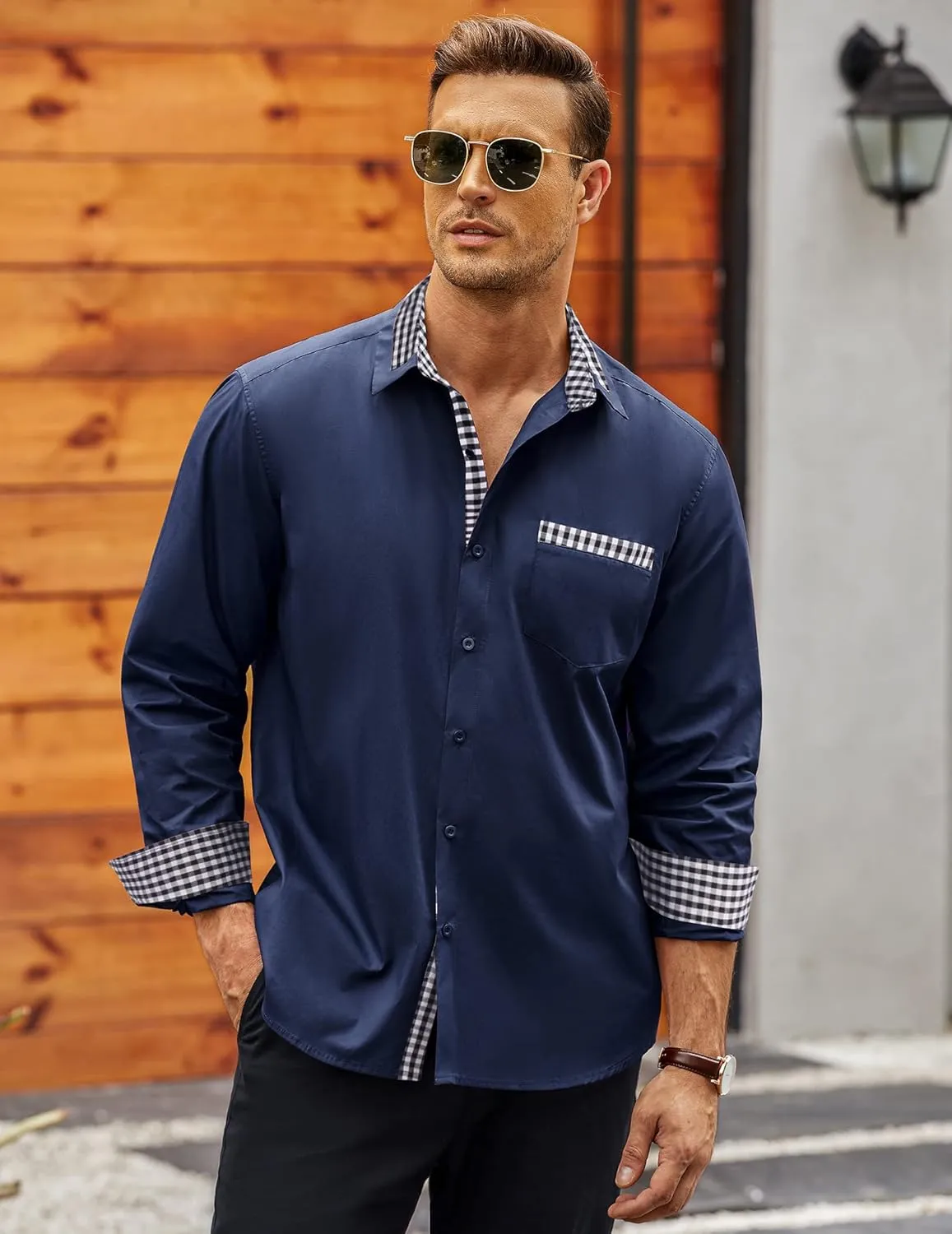 COOFANDY Men's Long Sleeve Dress Shirt Plaid Collar Casual Button Down Shirts