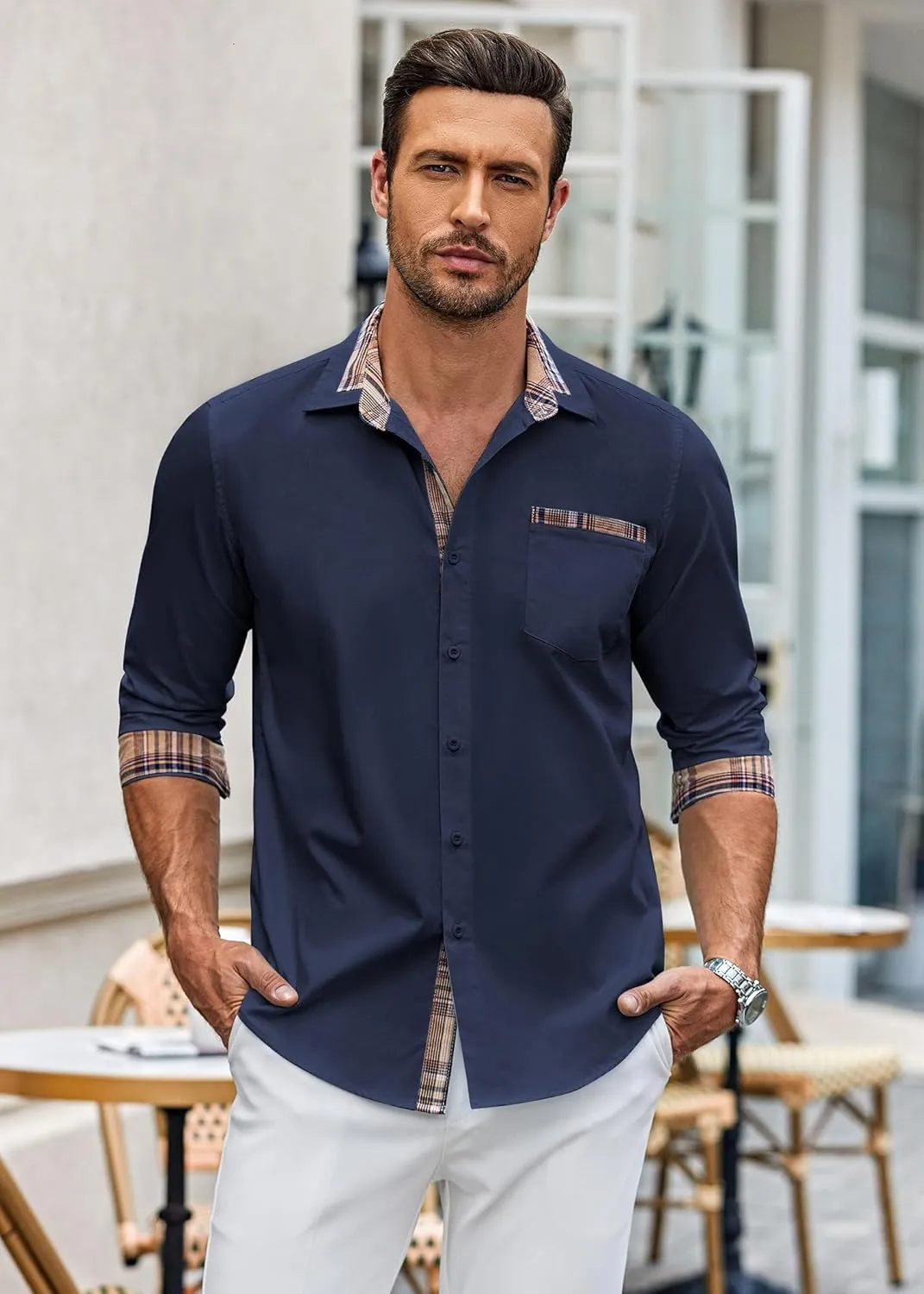 COOFANDY Men's Long Sleeve Dress Shirt Plaid Collar Casual Button Down Shirts