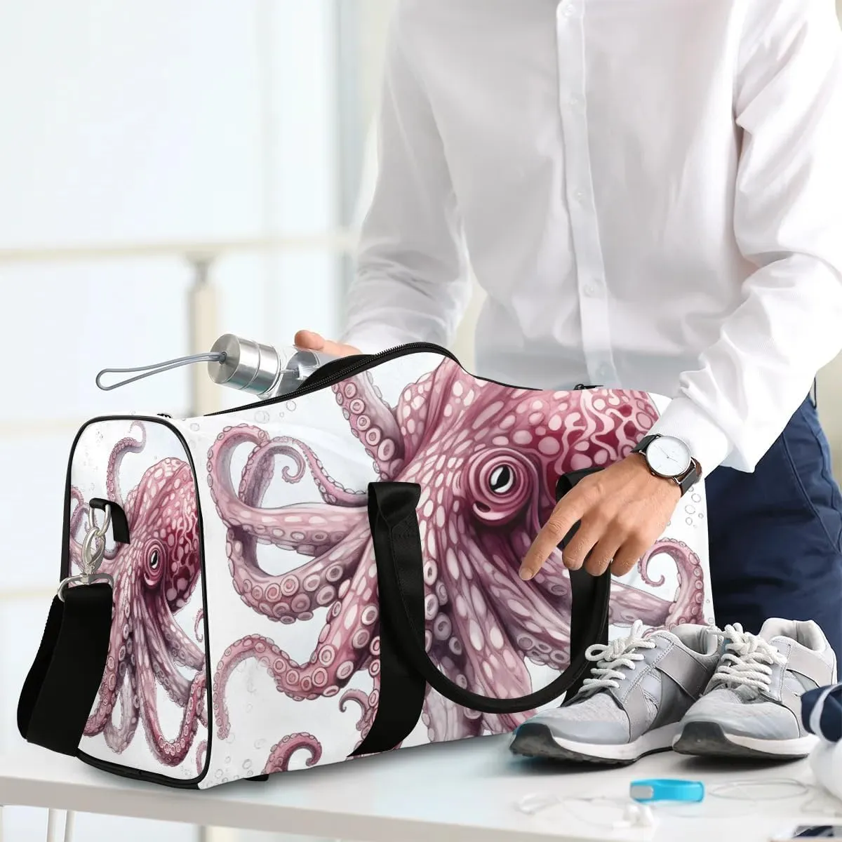 Cool Cartoon Octopus Travel Duffel Bag for Women Men Waterproof Foldable Overnight Weekender Bag Large Capacity Sports Gym Bag