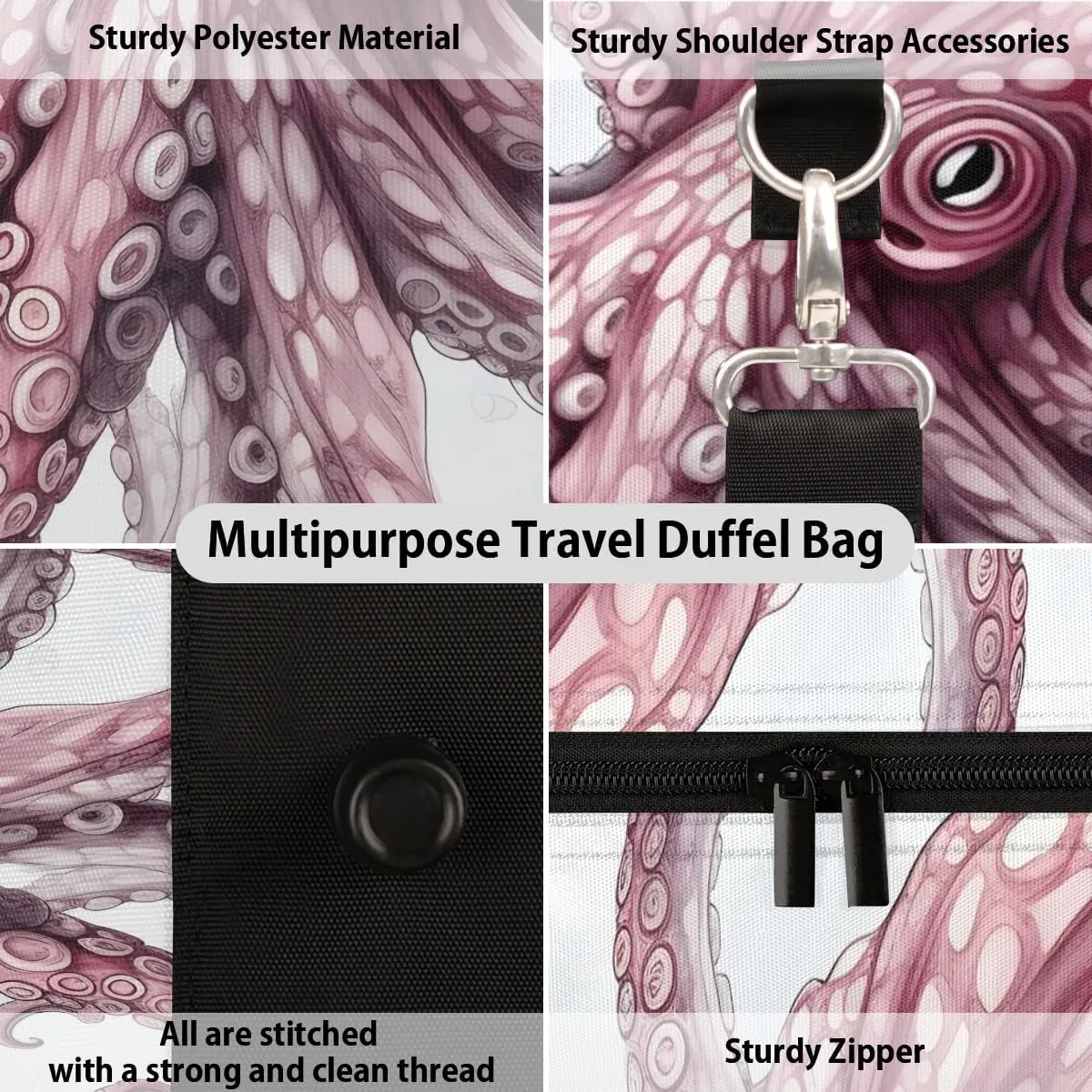 Cool Cartoon Octopus Travel Duffel Bag for Women Men Waterproof Foldable Overnight Weekender Bag Large Capacity Sports Gym Bag