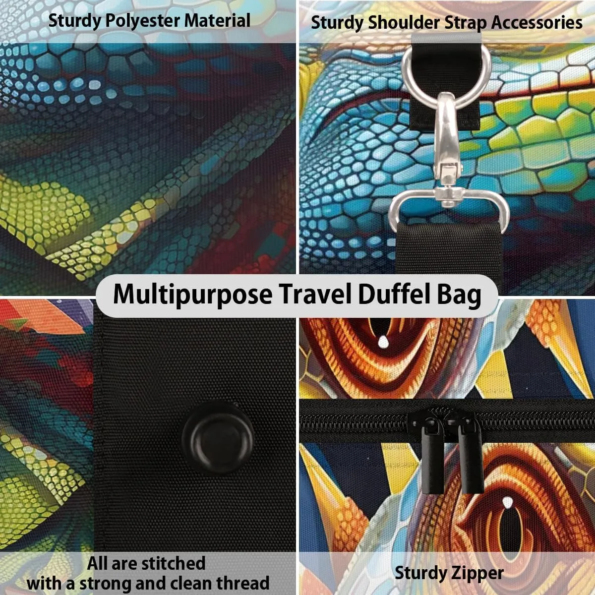 Cool Lizard Prints Travel Duffel Bag for Women Men Waterproof Foldable Overnight Weekender Bag Large Capacity Sports Gym Bag