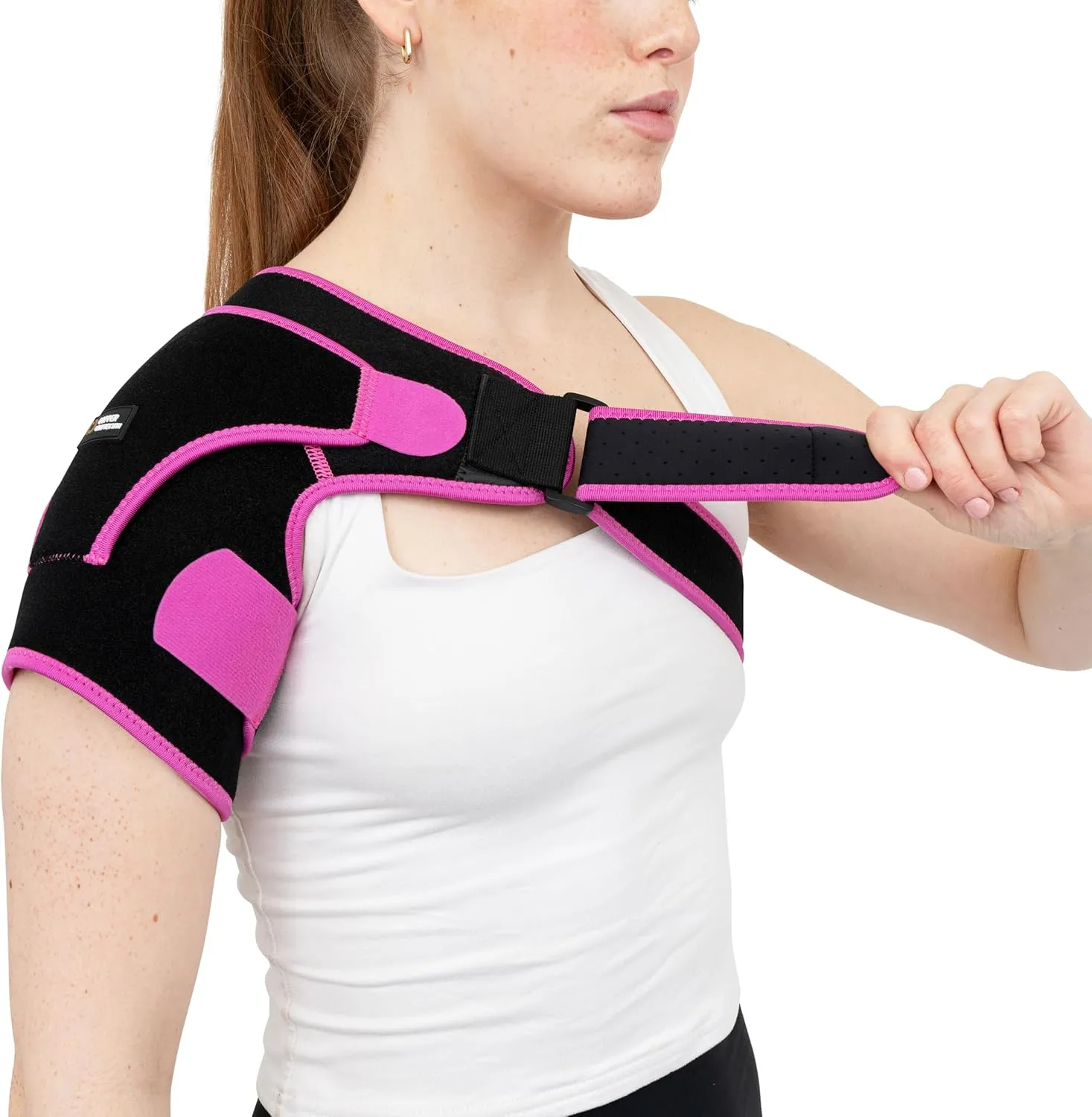 Copper Compression Recovery Shoulder Brace - Immobilizer for Torn Rotator Cuff, AC Joint Pain Relief, Dislocation, Arm Stability, Injuries, Tears - Adjustable Fits Men, Women - Black/Pink - One Size S/M