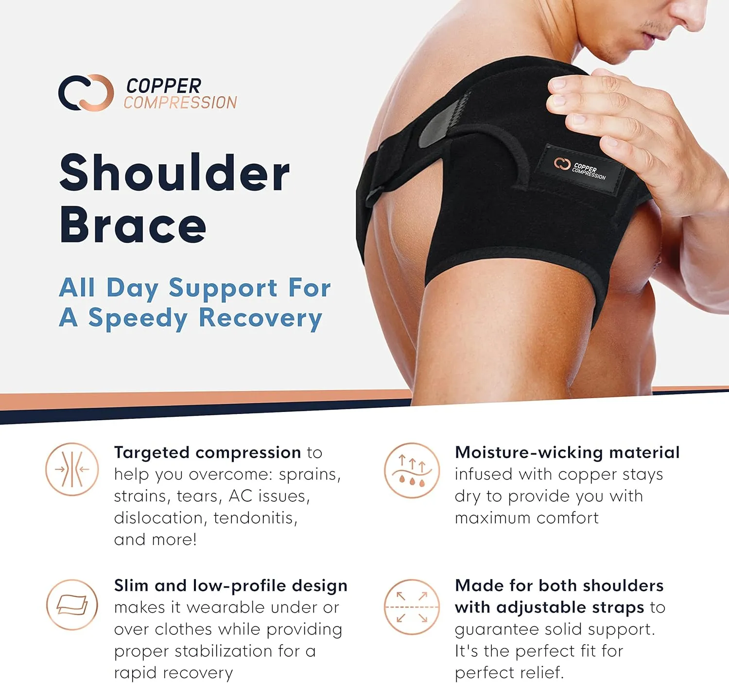 Copper Compression Recovery Shoulder Brace - Immobilizer for Torn Rotator Cuff, AC Joint Pain Relief, Dislocation, Arm Stability, Injuries, Tears - Adjustable Fits Men, Women - Black/Pink - One Size S/M