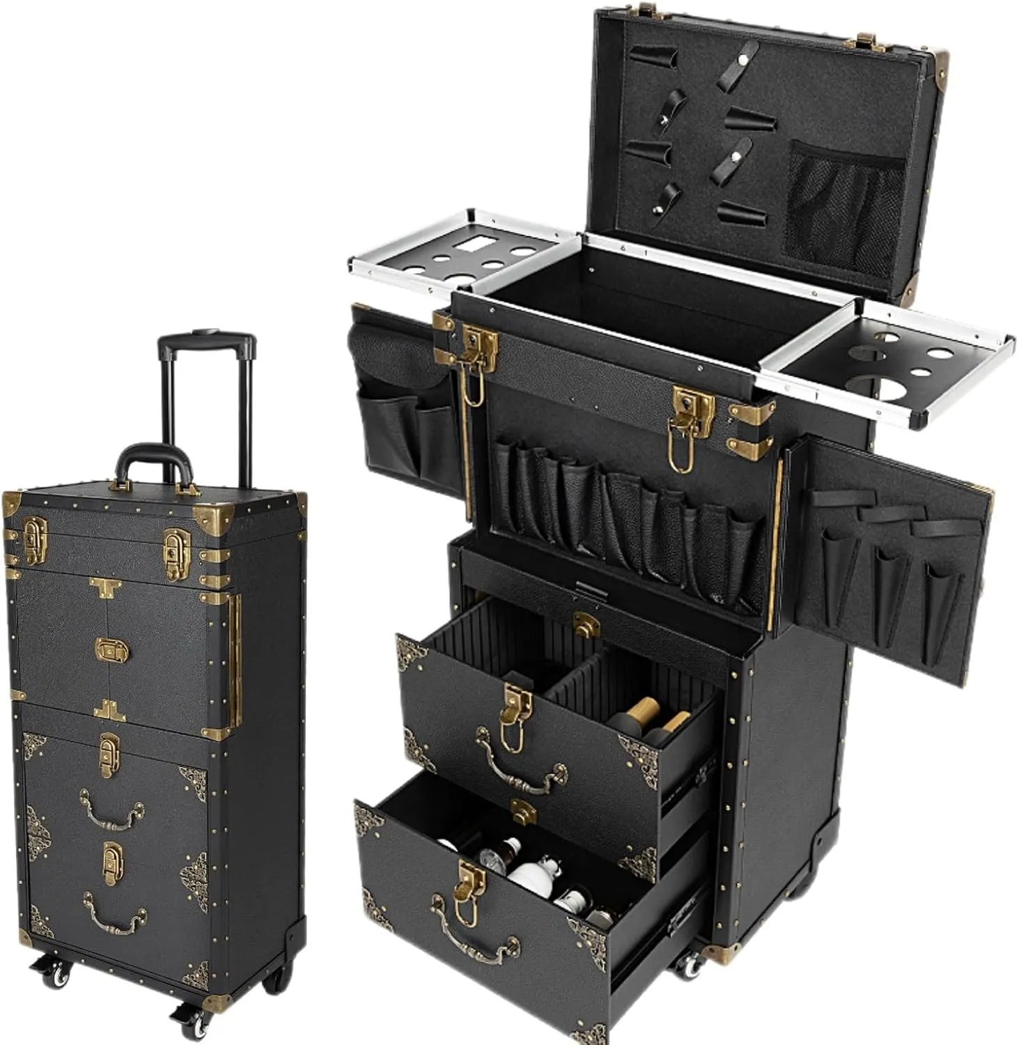Cosmetology Case on Wheels, Hair Stylist Rolling Makeup Train Case Nail Travel Case for Nail Tech, Professional Rolling Makeup Case with Drawers & 2 Mobile Password Lock