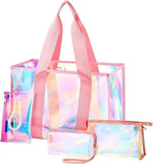 Cosweet 26L Iridescent Beach Tote Bag for Women - Waterproof Sandproof TPU Bag & 3 Small Beach Pouches for Travel Vacation
