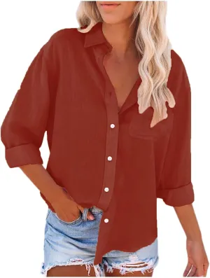Cotton Linen Shirts for Women Long Sleeve Button Down Oversized Tshirts with Pockets Summer Beach Loose Gauze Tunic