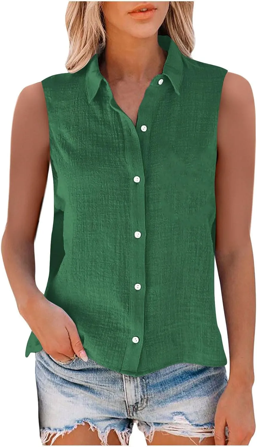 Cotton Linen Shirts for Women Sleeveless Collared Tops Oversized Button Up Blouses Work Shirts Casual Summer Tshirt