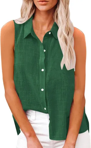 Cotton Linen Shirts for Women Sleeveless Collared Tops Oversized Button Up Blouses Work Shirts Casual Summer Tshirt