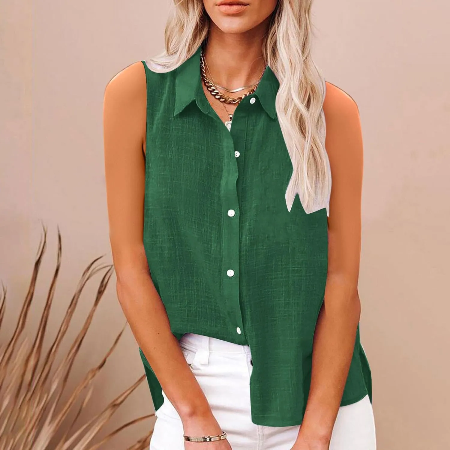 Cotton Linen Shirts for Women Sleeveless Collared Tops Oversized Button Up Blouses Work Shirts Casual Summer Tshirt