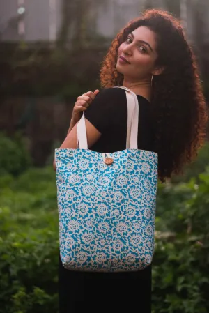 Cotton Shopping Tote Bag · Floral Fun Blue