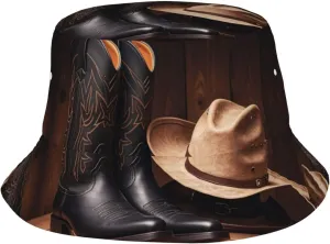 Cowboy Black Hat Western Boots Bucket Hat Packable Breathable Sun Hats Fisherman Hats Outdoor Summer Travel Hiking Beach Caps for Men Women