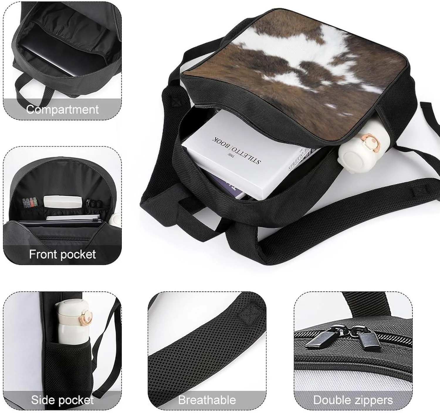 Cowhide Pattern Large Capacity Fully Printed Portable Backpack Unisex