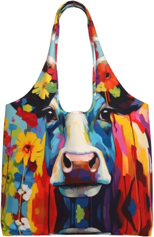 Cows with garlands Printed single-shoulder canvas bag, large-capacity grocery shopping bag, light and easy to carry