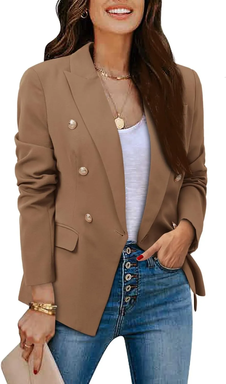CRAZY GRID Womens Casual Blazer Jacket Gold Button Long Sleeve Work 0ffice Blazer Lapel Open Front Jacket