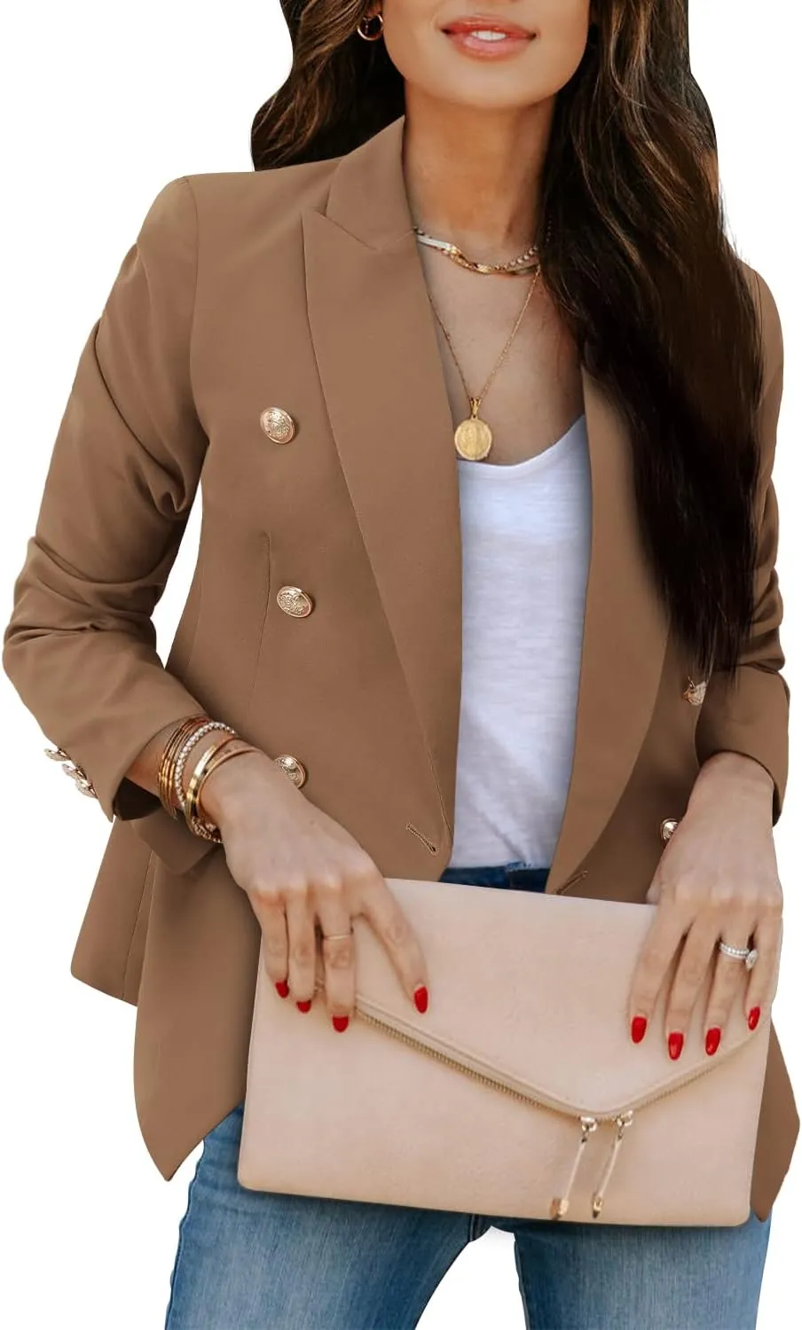 CRAZY GRID Womens Casual Blazer Jacket Gold Button Long Sleeve Work 0ffice Blazer Lapel Open Front Jacket