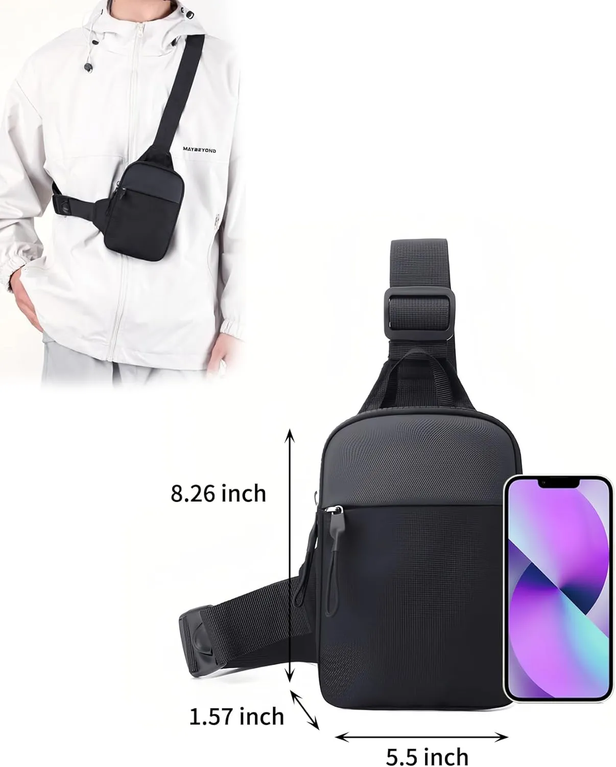 Crossbody Bag for Men Women Waterproof Sling Bag Casual Portable Chest Bag for Travel Workout Hiking Mini Sling Bag Black
