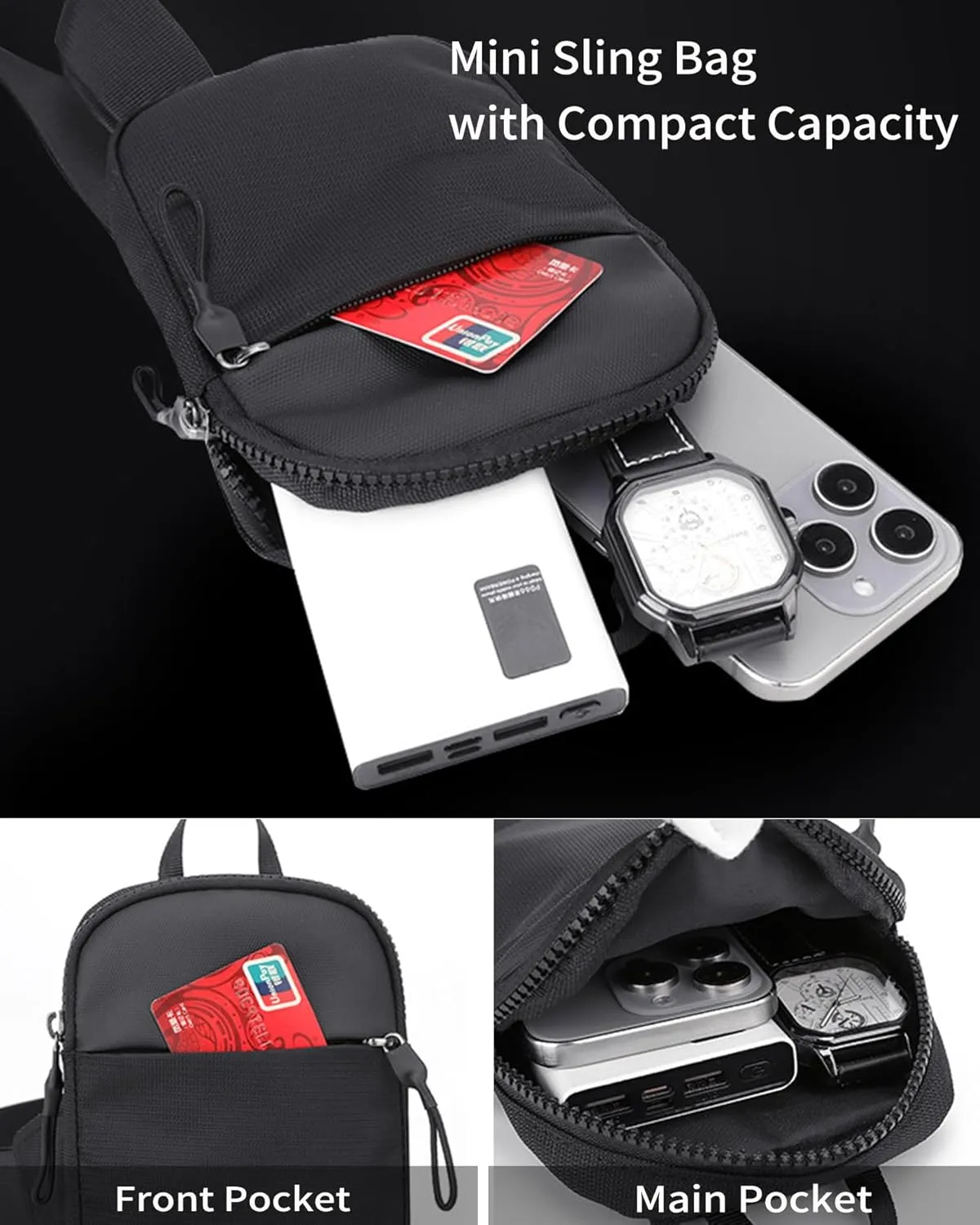 Crossbody Bag for Men Women Waterproof Sling Bag Casual Portable Chest Bag for Travel Workout Hiking Mini Sling Bag Black