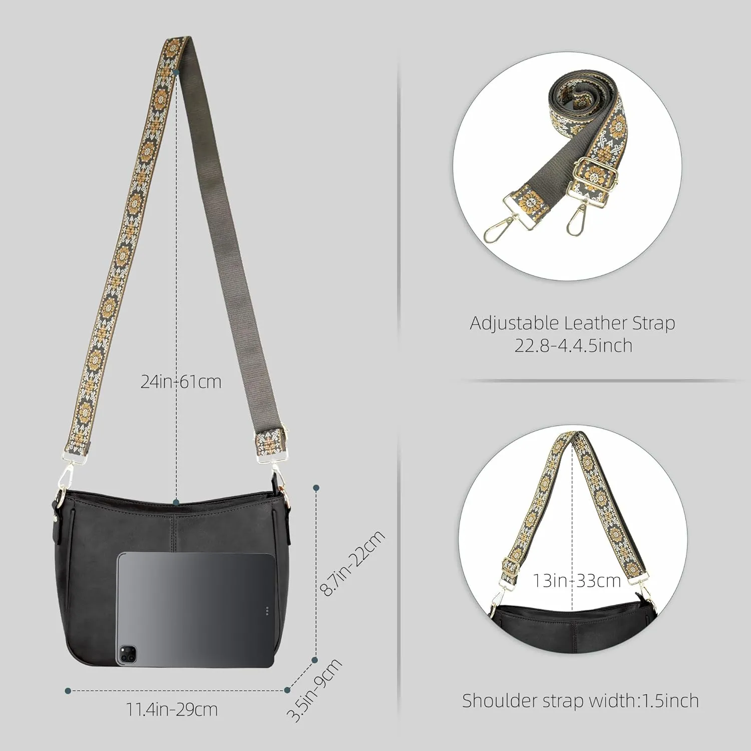 Crossbody Bag for Women Bohemian Vintage Stylish Purse Vegan Leather Shoulder Bag with Adjustable Wide Strap