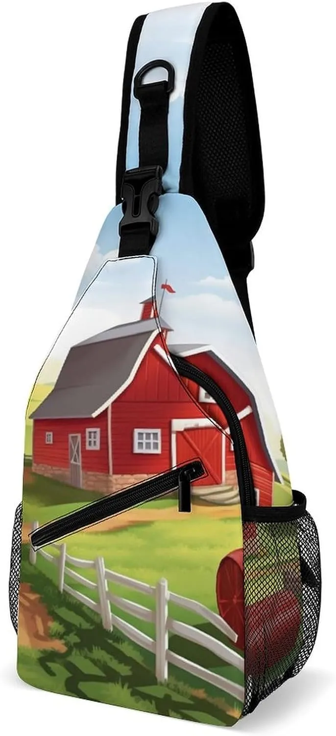 Crossbody Bag Travel Sling Bag for Men Small Sling Backpack Cartoon Red Farm Chest Bag Shoulder Bag for Outdoor