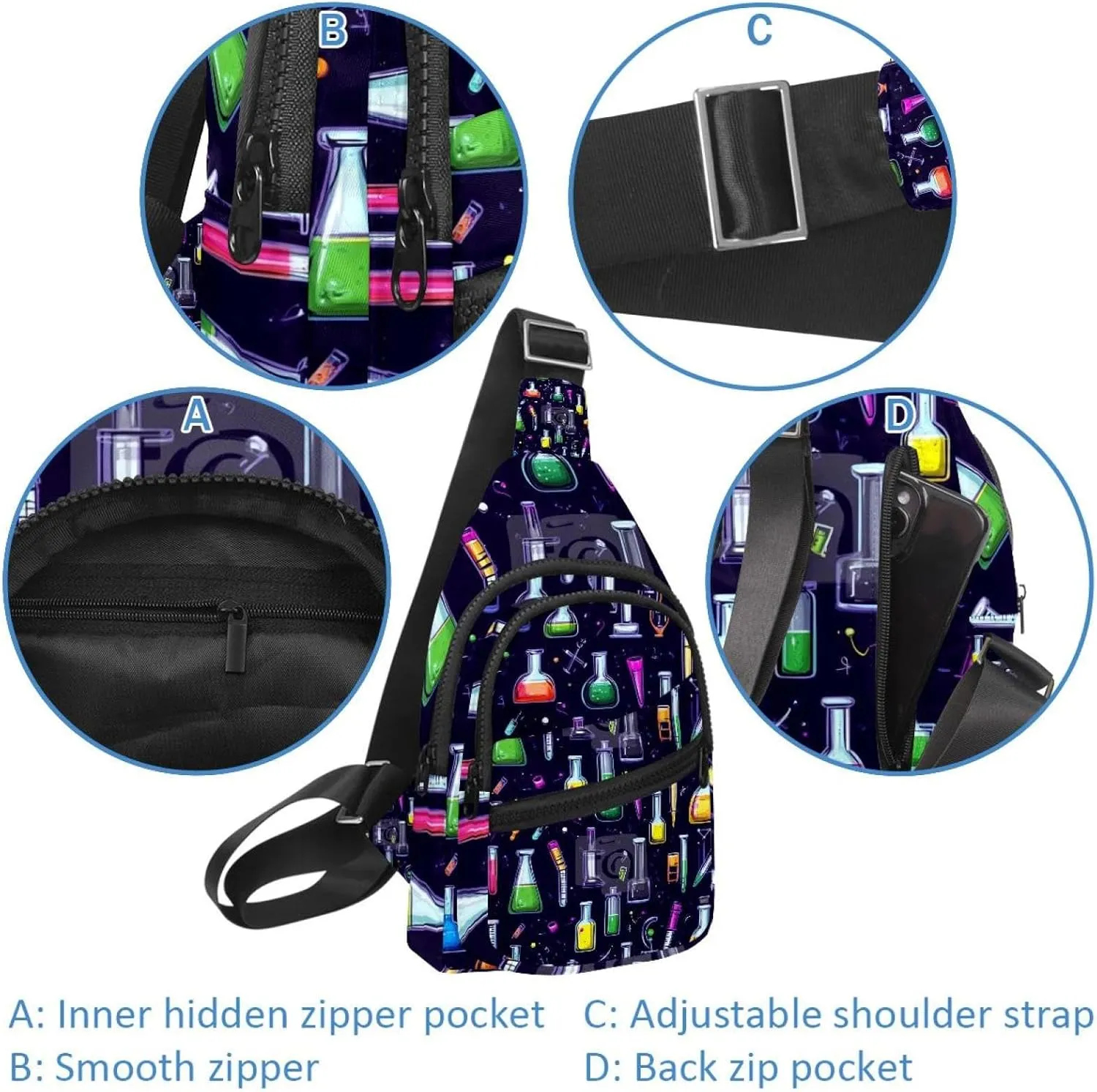 Crossbody Bags for Women Men Chemistry science laboratory colorful (2) Sling Bag Bakpack Casual Chest Bag with Convertible Shoulder Strap