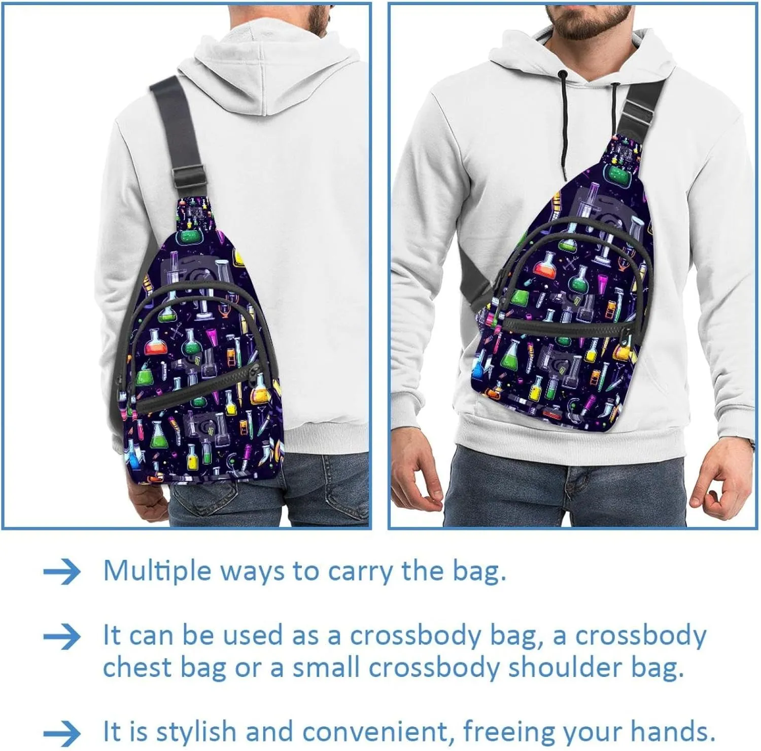 Crossbody Bags for Women Men Chemistry science laboratory colorful (2) Sling Bag Bakpack Casual Chest Bag with Convertible Shoulder Strap