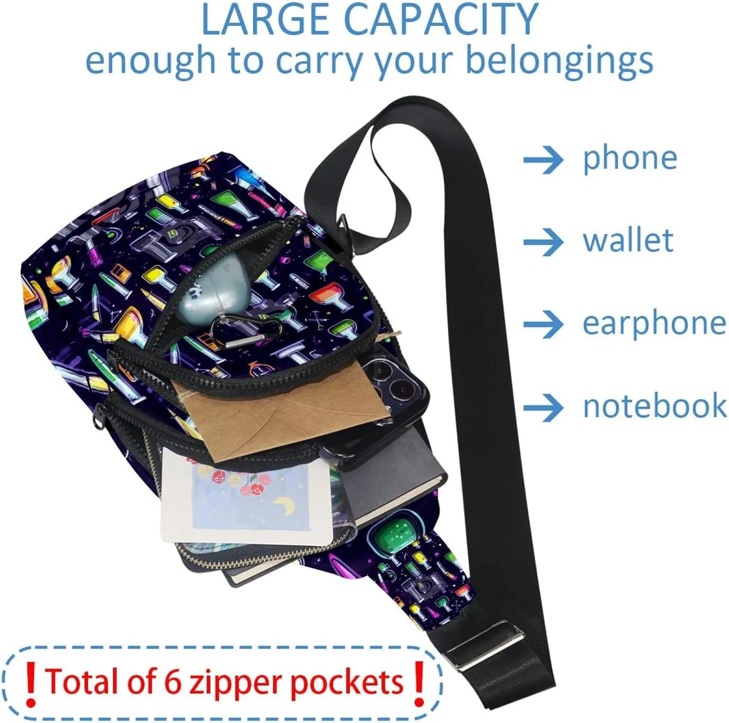 Crossbody Bags for Women Men Chemistry science laboratory colorful (2) Sling Bag Bakpack Casual Chest Bag with Convertible Shoulder Strap