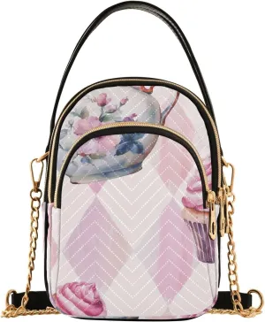 Crossbody Handbags Sling Bags Watercolor Tea Cup Phone Bag for Women Cross Body Purse Fanny Pack with Leather Handheld and Golden Chain for Traveling Daily